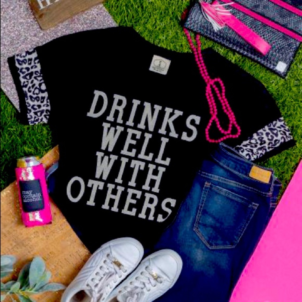 NWT Drinks Well With Others black & animal print T